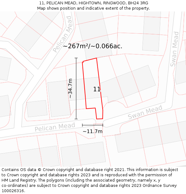 11, PELICAN MEAD, HIGHTOWN, RINGWOOD, BH24 3RG: Plot and title map