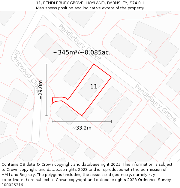 11, PENDLEBURY GROVE, HOYLAND, BARNSLEY, S74 0LL: Plot and title map