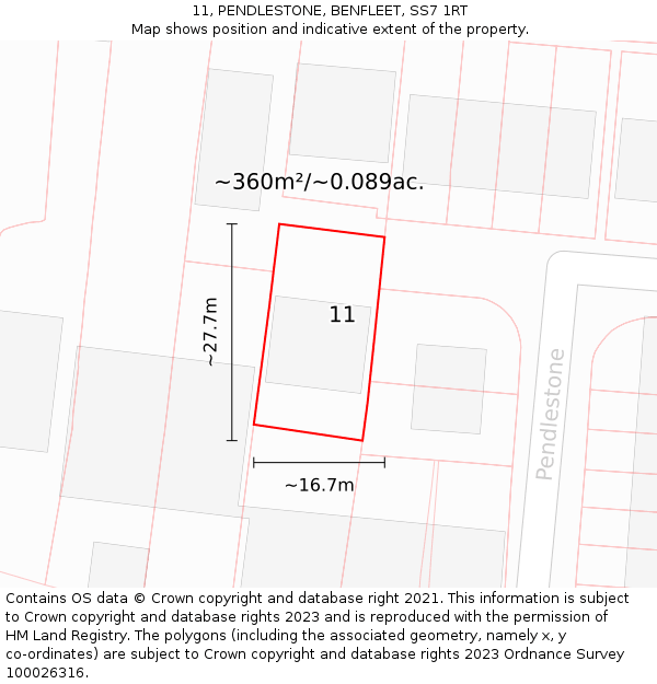 11, PENDLESTONE, BENFLEET, SS7 1RT: Plot and title map