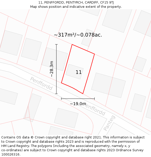 11, PENFFORDD, PENTYRCH, CARDIFF, CF15 9TJ: Plot and title map