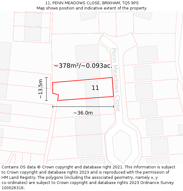 11, PENN MEADOWS CLOSE, BRIXHAM, TQ5 9PS: Plot and title map