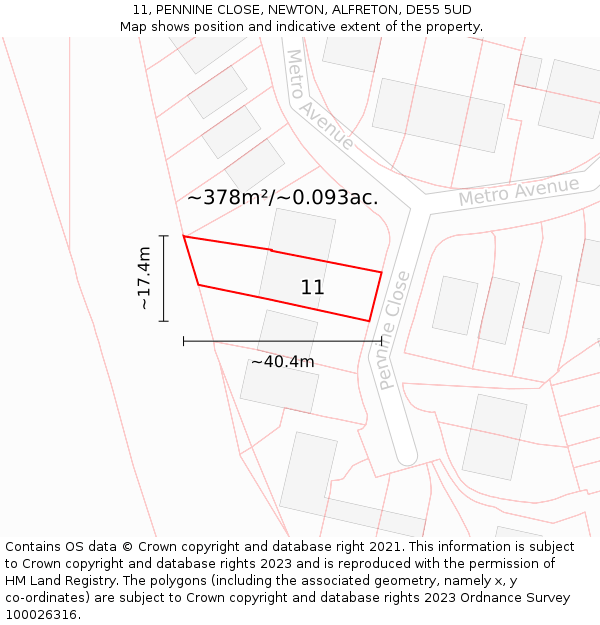 11, PENNINE CLOSE, NEWTON, ALFRETON, DE55 5UD: Plot and title map