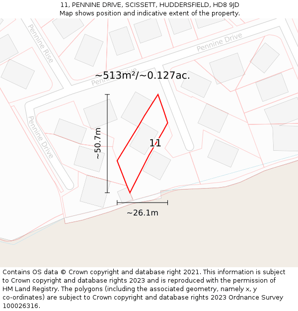 11, PENNINE DRIVE, SCISSETT, HUDDERSFIELD, HD8 9JD: Plot and title map