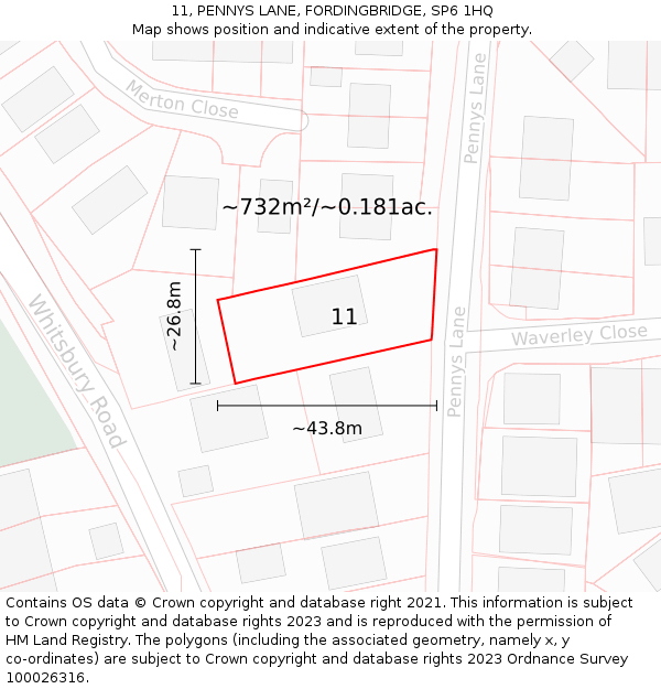 11, PENNYS LANE, FORDINGBRIDGE, SP6 1HQ: Plot and title map