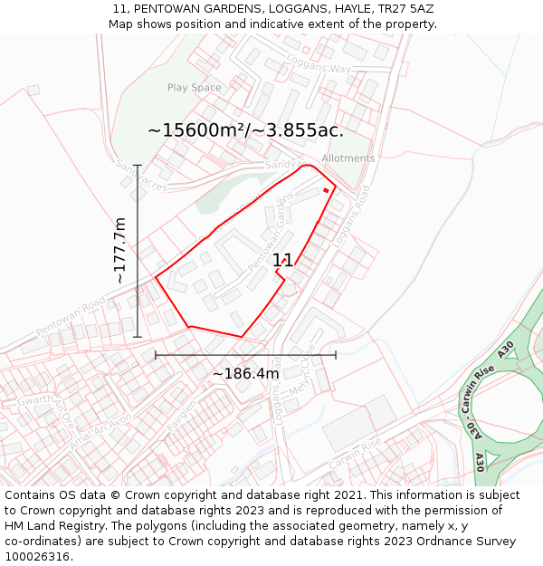 11, PENTOWAN GARDENS, LOGGANS, HAYLE, TR27 5AZ: Plot and title map