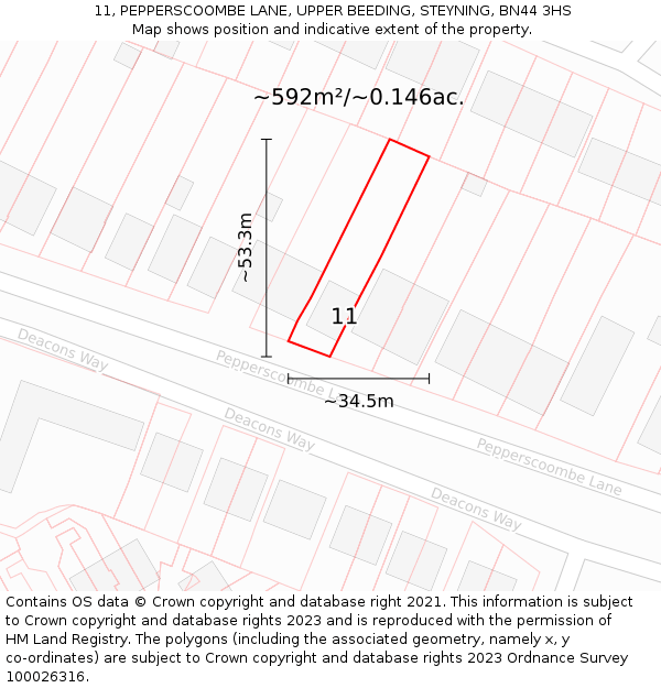 11, PEPPERSCOOMBE LANE, UPPER BEEDING, STEYNING, BN44 3HS: Plot and title map