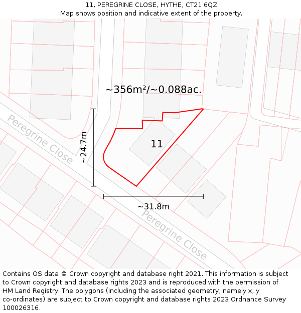 11, PEREGRINE CLOSE, HYTHE, CT21 6QZ: Plot and title map