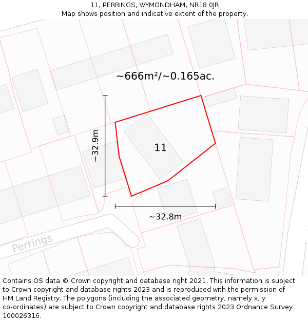 11, PERRINGS, WYMONDHAM, NR18 0JR: Plot and title map