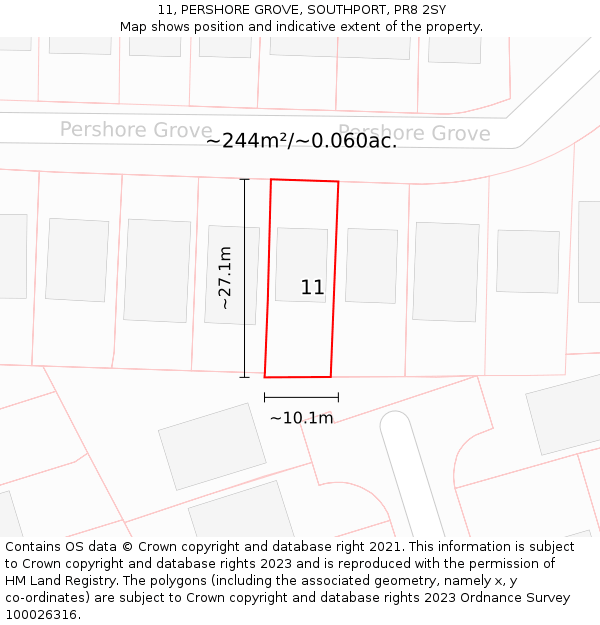 11, PERSHORE GROVE, SOUTHPORT, PR8 2SY: Plot and title map