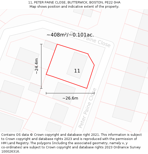 11, PETER PAINE CLOSE, BUTTERWICK, BOSTON, PE22 0HA: Plot and title map