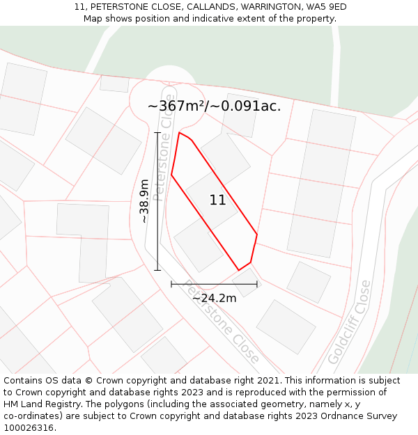 11, PETERSTONE CLOSE, CALLANDS, WARRINGTON, WA5 9ED: Plot and title map