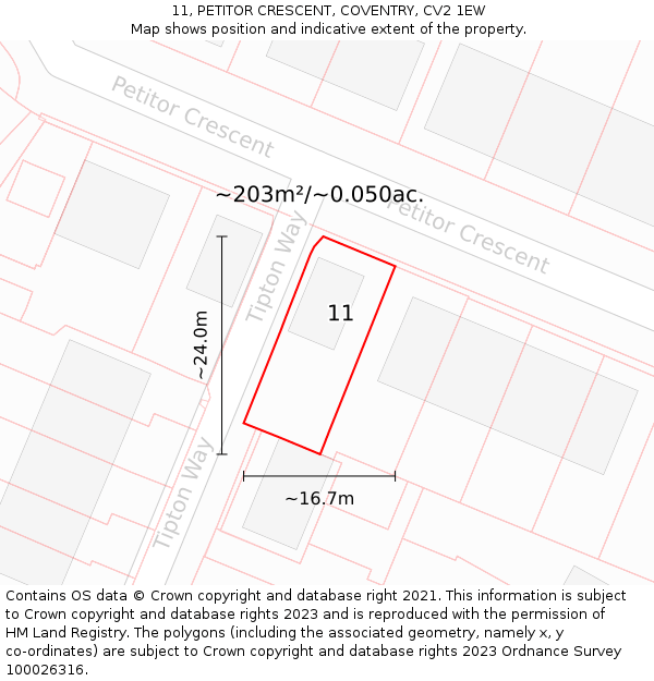 11, PETITOR CRESCENT, COVENTRY, CV2 1EW: Plot and title map