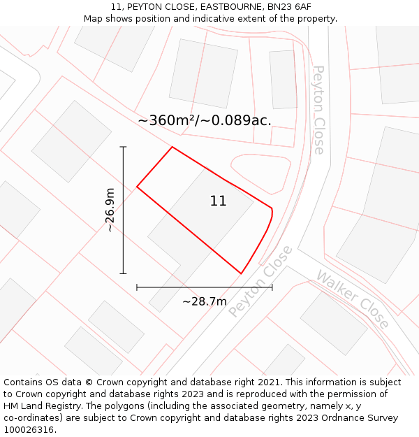 11, PEYTON CLOSE, EASTBOURNE, BN23 6AF: Plot and title map