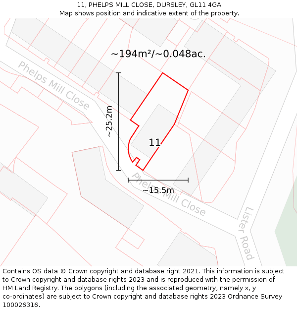 11, PHELPS MILL CLOSE, DURSLEY, GL11 4GA: Plot and title map