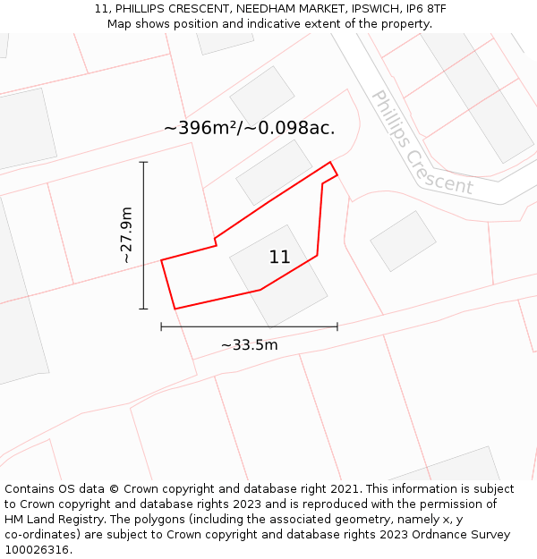 11, PHILLIPS CRESCENT, NEEDHAM MARKET, IPSWICH, IP6 8TF: Plot and title map