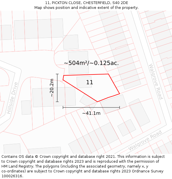 11, PICKTON CLOSE, CHESTERFIELD, S40 2DE: Plot and title map