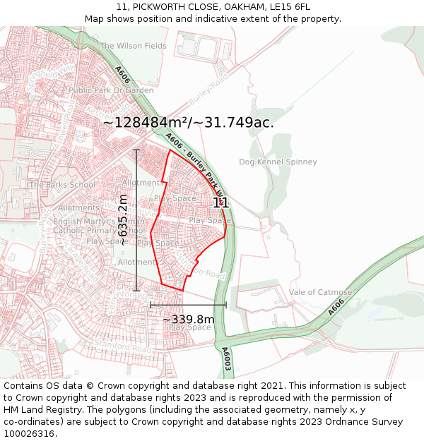 11, PICKWORTH CLOSE, OAKHAM, LE15 6FL: Plot and title map