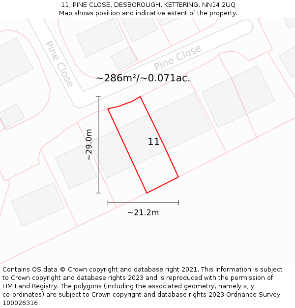11, PINE CLOSE, DESBOROUGH, KETTERING, NN14 2UQ: Plot and title map