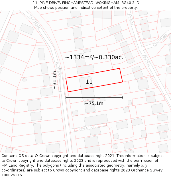 11, PINE DRIVE, FINCHAMPSTEAD, WOKINGHAM, RG40 3LD: Plot and title map