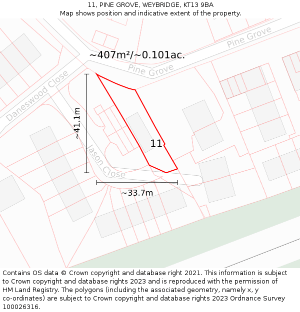 11, PINE GROVE, WEYBRIDGE, KT13 9BA: Plot and title map