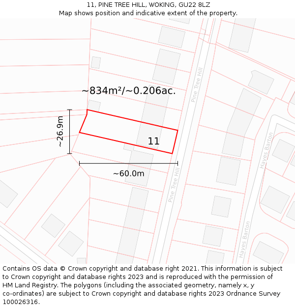 11, PINE TREE HILL, WOKING, GU22 8LZ: Plot and title map