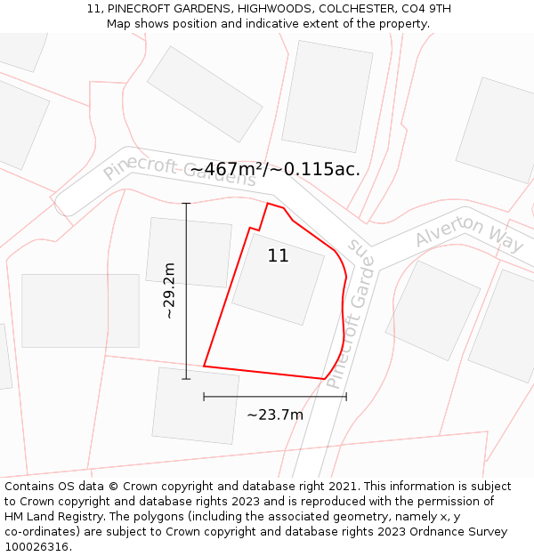 11, PINECROFT GARDENS, HIGHWOODS, COLCHESTER, CO4 9TH: Plot and title map
