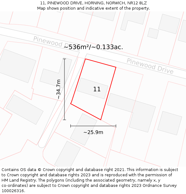 11, PINEWOOD DRIVE, HORNING, NORWICH, NR12 8LZ: Plot and title map
