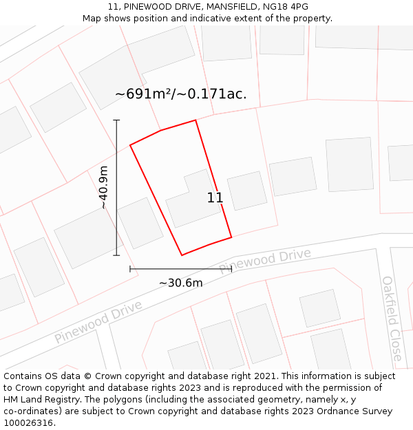 11, PINEWOOD DRIVE, MANSFIELD, NG18 4PG: Plot and title map