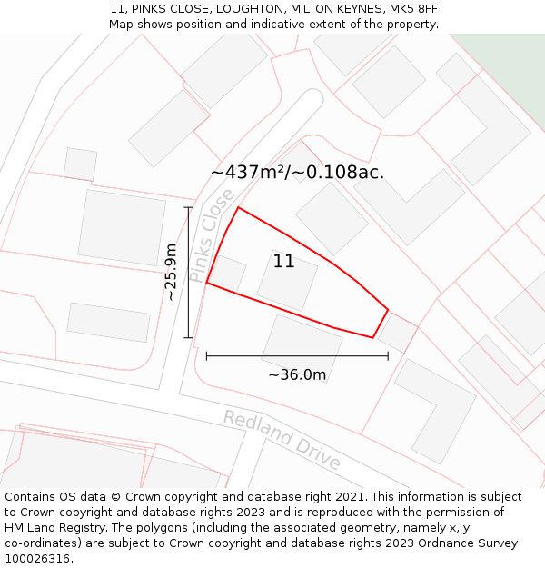 11, PINKS CLOSE, LOUGHTON, MILTON KEYNES, MK5 8FF: Plot and title map