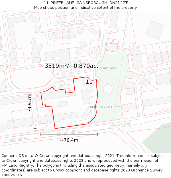 11, PINTER LANE, GAINSBOROUGH, DN21 1ZF: Plot and title map