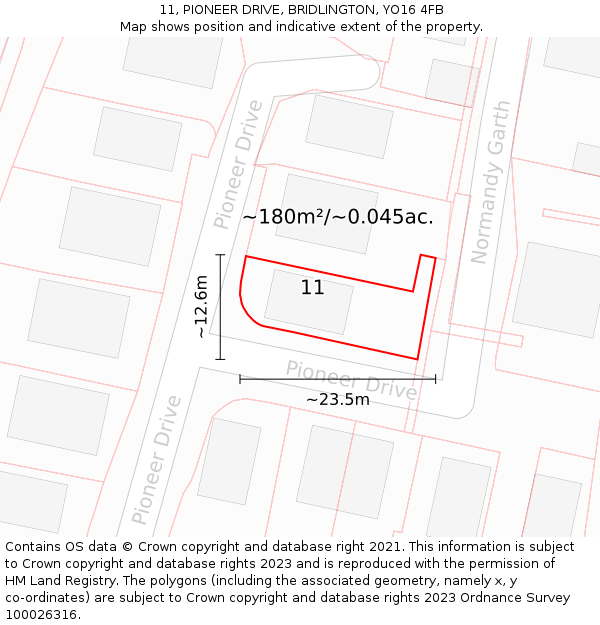 11, PIONEER DRIVE, BRIDLINGTON, YO16 4FB: Plot and title map