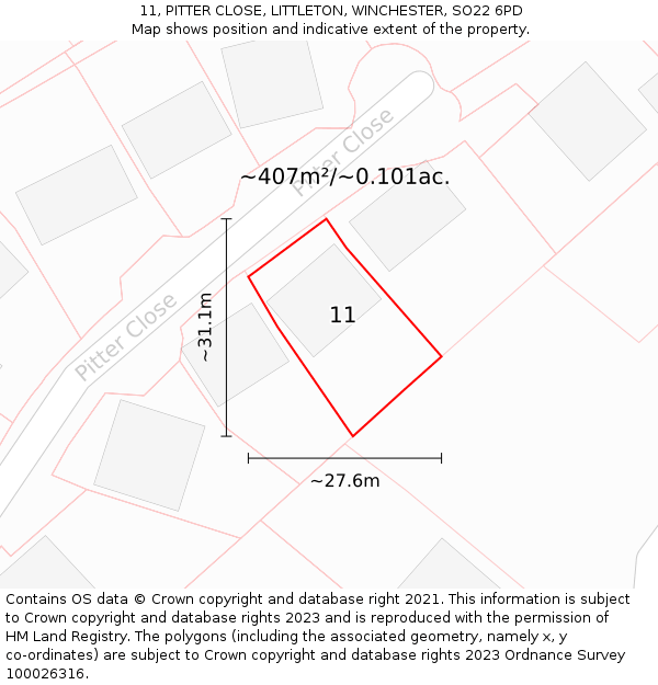11, PITTER CLOSE, LITTLETON, WINCHESTER, SO22 6PD: Plot and title map