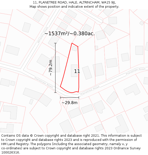 11, PLANETREE ROAD, HALE, ALTRINCHAM, WA15 9JL: Plot and title map