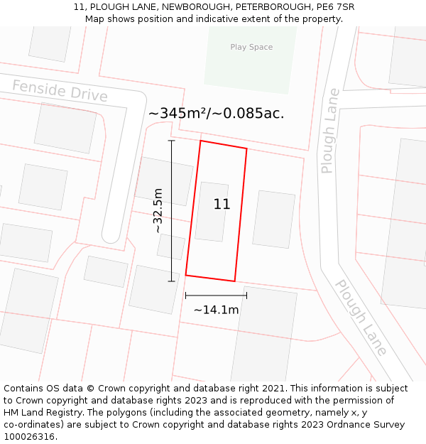 11, PLOUGH LANE, NEWBOROUGH, PETERBOROUGH, PE6 7SR: Plot and title map