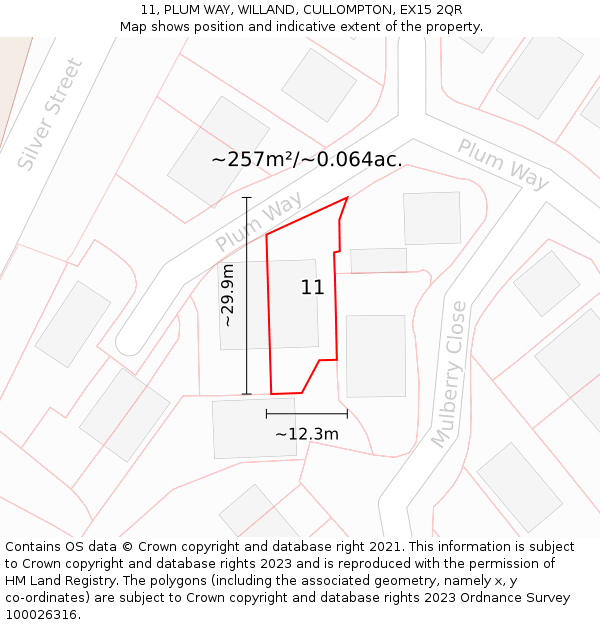 11, PLUM WAY, WILLAND, CULLOMPTON, EX15 2QR: Plot and title map