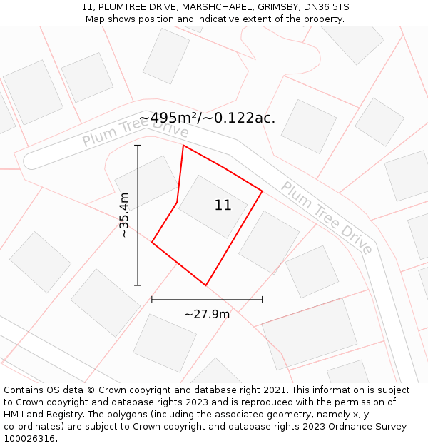 11, PLUMTREE DRIVE, MARSHCHAPEL, GRIMSBY, DN36 5TS: Plot and title map