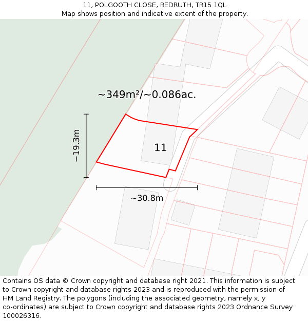 11, POLGOOTH CLOSE, REDRUTH, TR15 1QL: Plot and title map