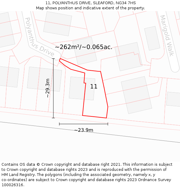 11, POLYANTHUS DRIVE, SLEAFORD, NG34 7HS: Plot and title map
