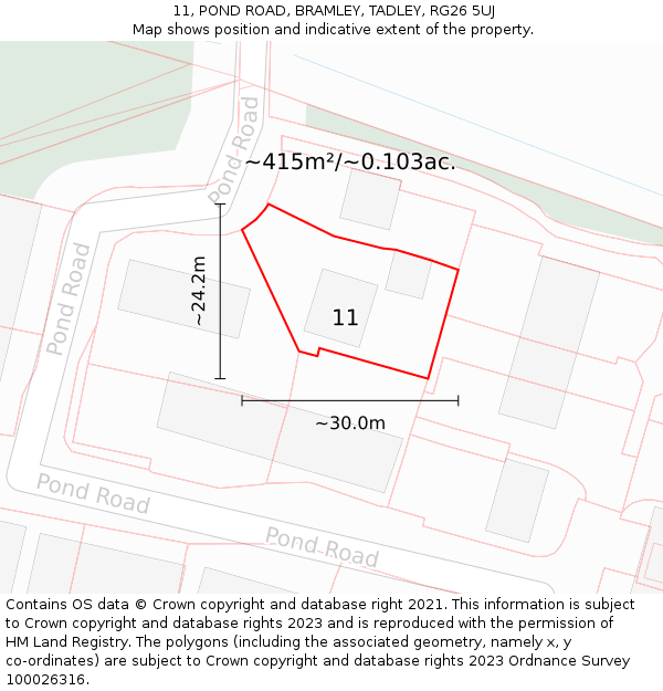 11, POND ROAD, BRAMLEY, TADLEY, RG26 5UJ: Plot and title map