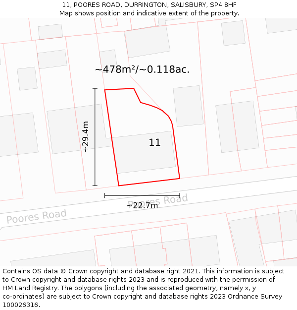 11, POORES ROAD, DURRINGTON, SALISBURY, SP4 8HF: Plot and title map