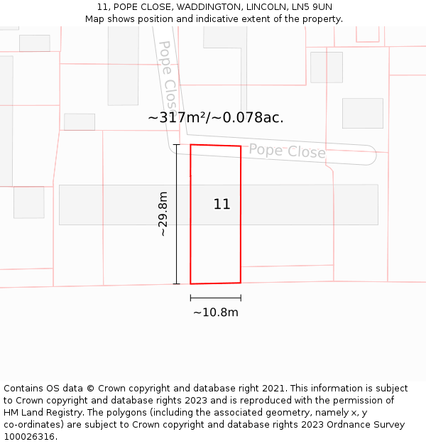 11, POPE CLOSE, WADDINGTON, LINCOLN, LN5 9UN: Plot and title map