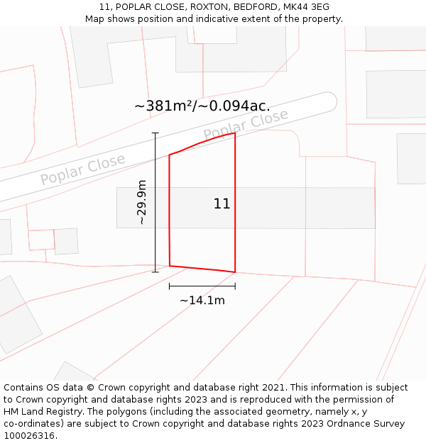 11, POPLAR CLOSE, ROXTON, BEDFORD, MK44 3EG: Plot and title map