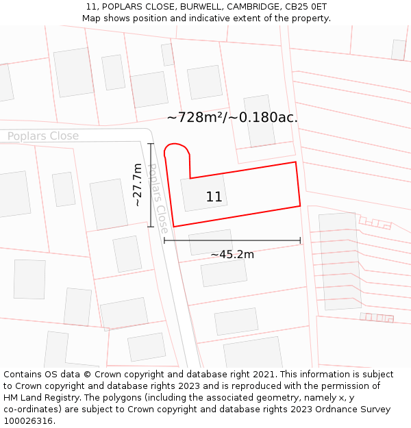 11, POPLARS CLOSE, BURWELL, CAMBRIDGE, CB25 0ET: Plot and title map