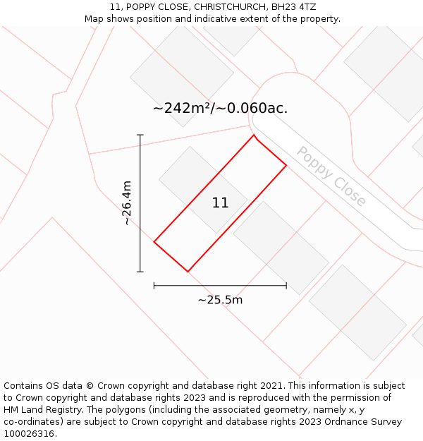 11, POPPY CLOSE, CHRISTCHURCH, BH23 4TZ: Plot and title map