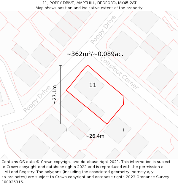 11, POPPY DRIVE, AMPTHILL, BEDFORD, MK45 2AT: Plot and title map