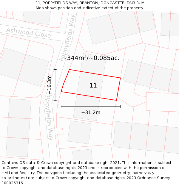 11, POPPYFIELDS WAY, BRANTON, DONCASTER, DN3 3UA: Plot and title map
