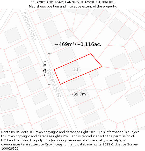 11, PORTLAND ROAD, LANGHO, BLACKBURN, BB6 8EL: Plot and title map