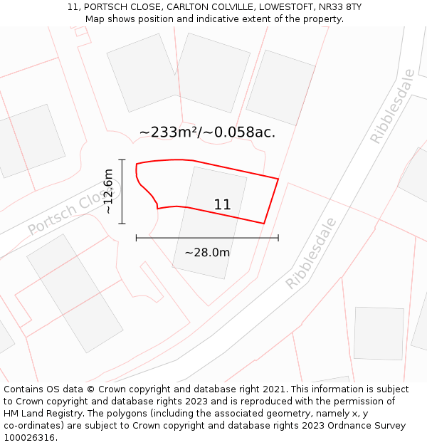 11, PORTSCH CLOSE, CARLTON COLVILLE, LOWESTOFT, NR33 8TY: Plot and title map