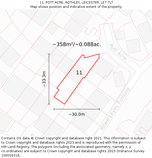 11, POTT ACRE, ROTHLEY, LEICESTER, LE7 7LT: Plot and title map