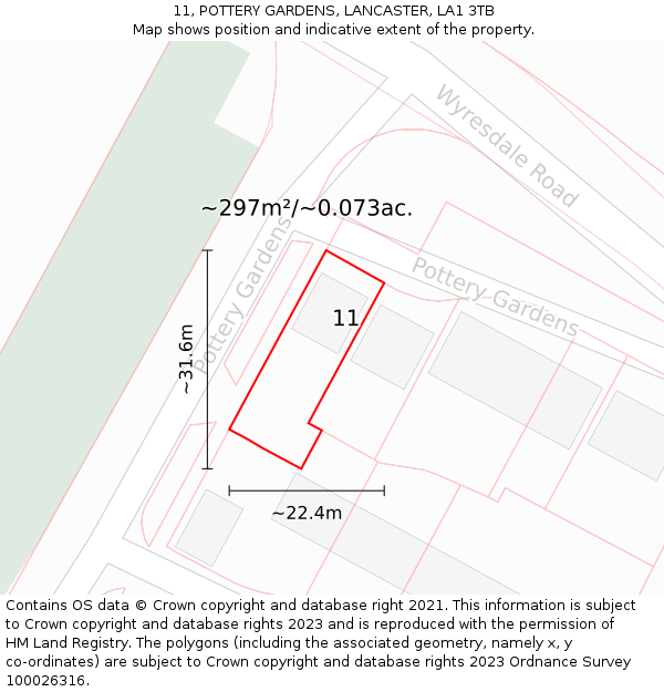 11, POTTERY GARDENS, LANCASTER, LA1 3TB: Plot and title map